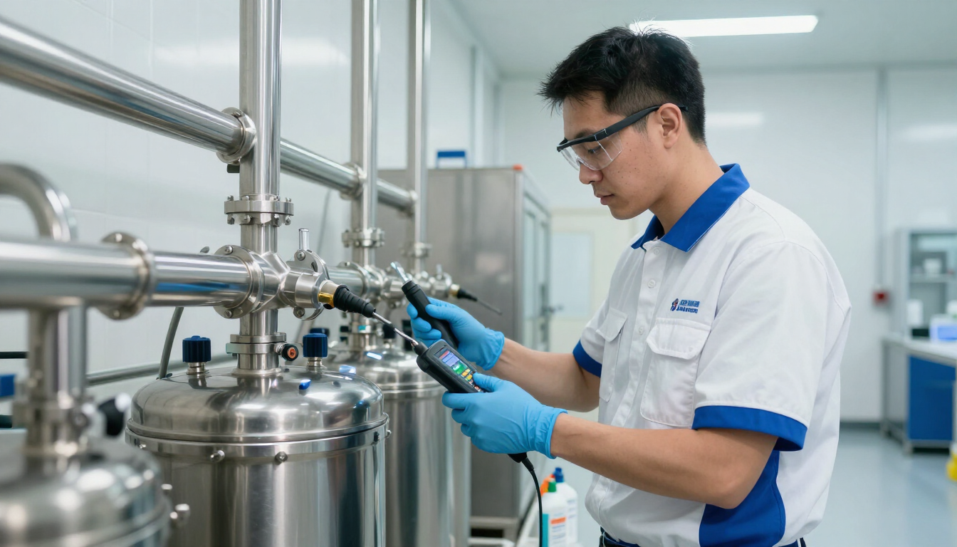 Técnico con guantes azules inspeccionando equipos industriales de acero inoxidable en un laboratorio o fábrica.