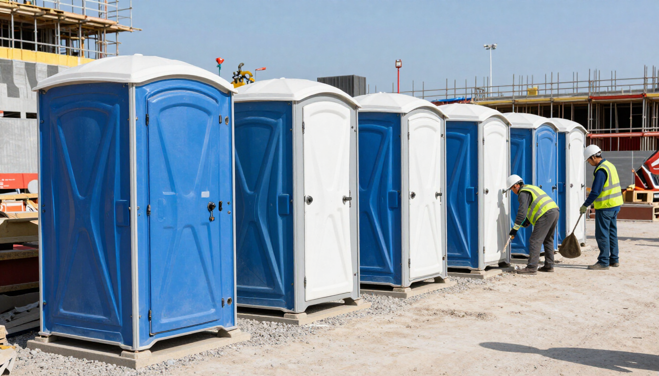 Baños portátiles azules y blancos en una obra de construcción con trabajadores cerca.