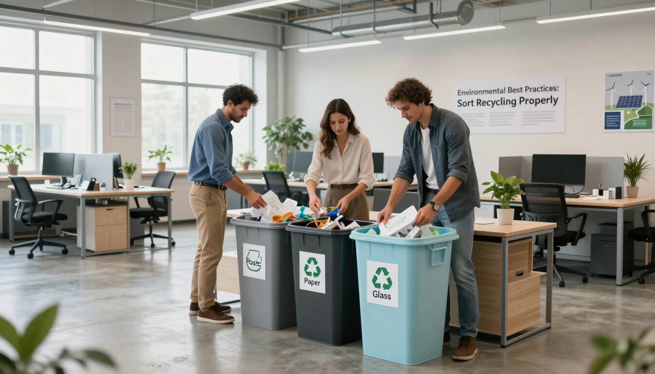 Tres compañeros de trabajo clasificando materiales reciclables en los contenedores de la oficina en un espacio de trabajo abierto y luminoso.