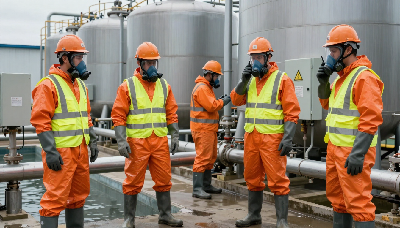 Trabajadores con trajes de seguridad naranjas y cascos de seguridad de pie en una planta industrial en un día lluvioso.