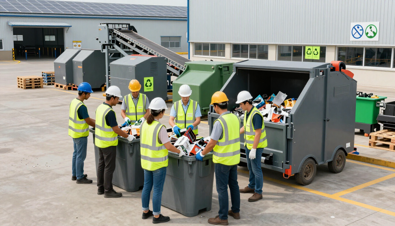 Trabajadores con cascos y chalecos de seguridad se congregaron alrededor de un gran contenedor de basura industrial al aire libre.