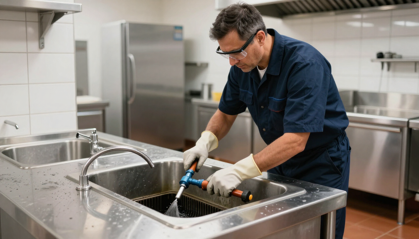 Chef limpiando un gran fregadero de acero inoxidable en una cocina comercial.