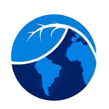 Logotipo de globo terráqueo azul con una franja curva blanca en forma de hoja y continentes azul oscuro.