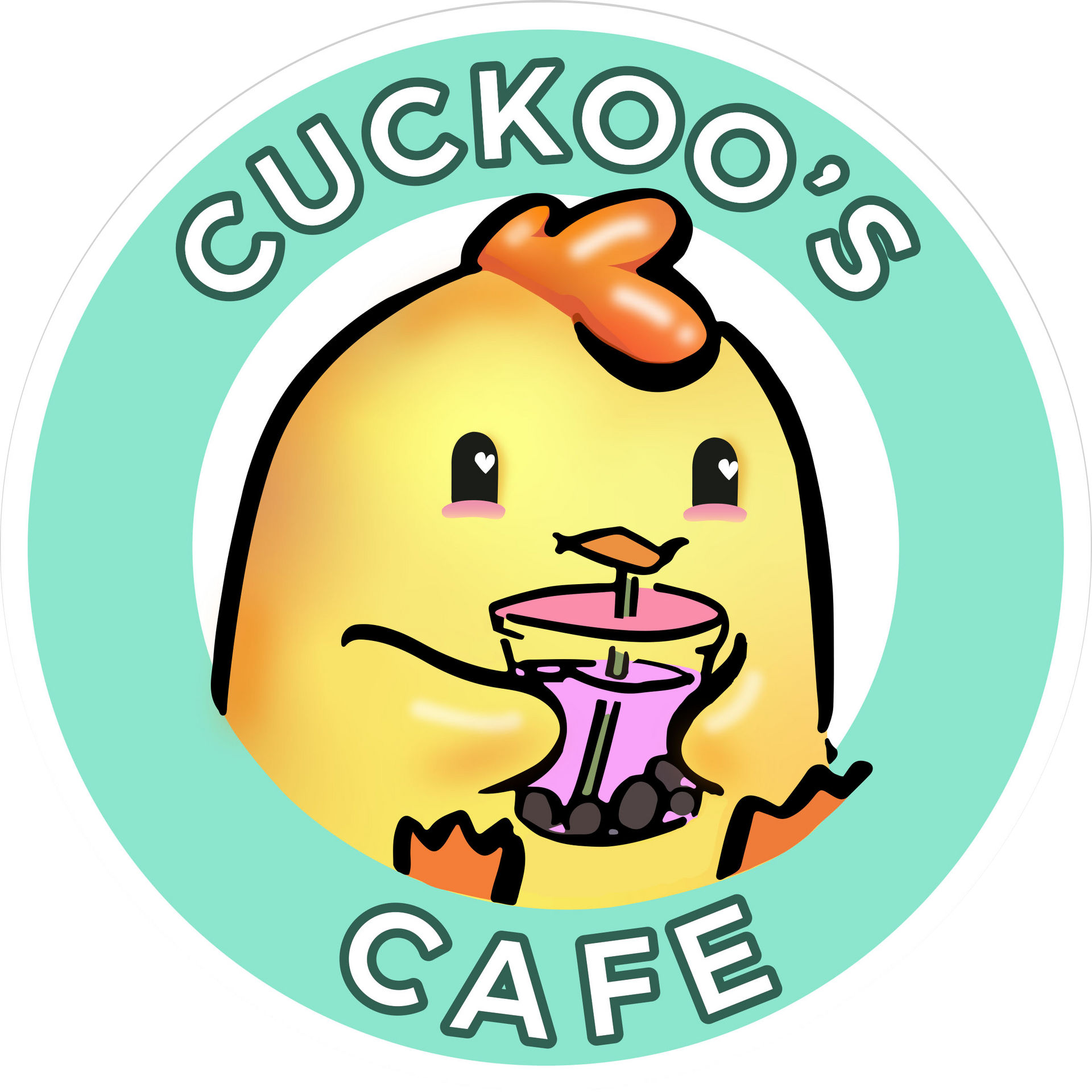Cuckoo&rsquo;s Cafe logo with a cartoon yellow bird sipping a drink in a mint-green circle