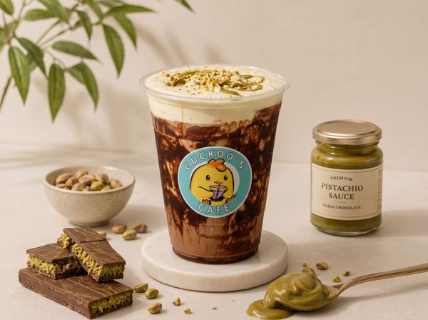 Chocolate layered drink with whipped cream, pistachios, and pistachio spread jar on a table