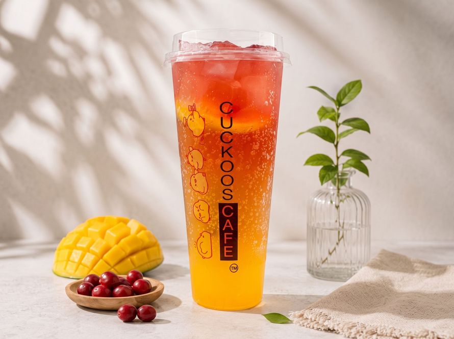 Tall iced tropical drink with mango, pomegranate seeds, and a small potted plant on a bright tabletop