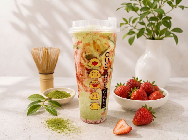 Iced strawberry matcha drink with strawberries, whisk, and plant on a light tabletop
