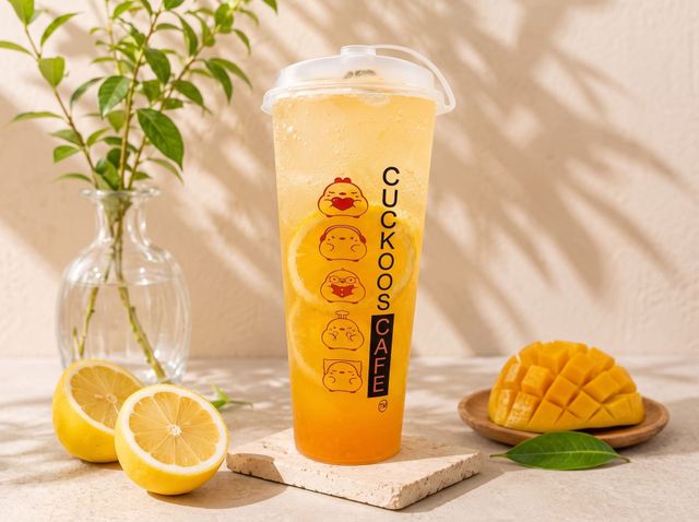 Mango drink in a clear cup with logo, beside sliced mango, lemon, and a vase of greenery on a bright table