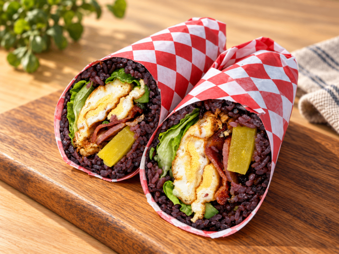 Two wrap halves in red-and-white checkered paper on a wooden board, showing colorful filling inside