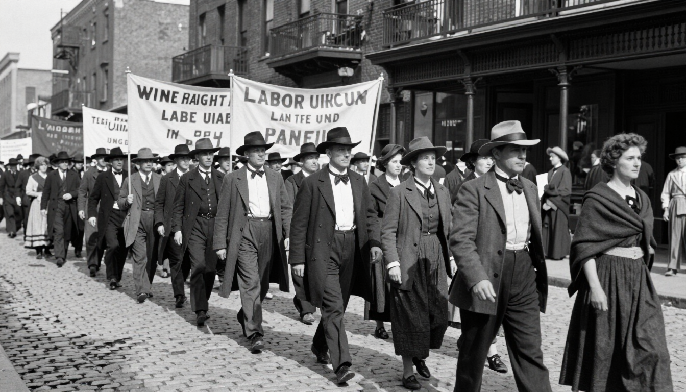 Historical labor protest illustration representing the origins of Labor Day.