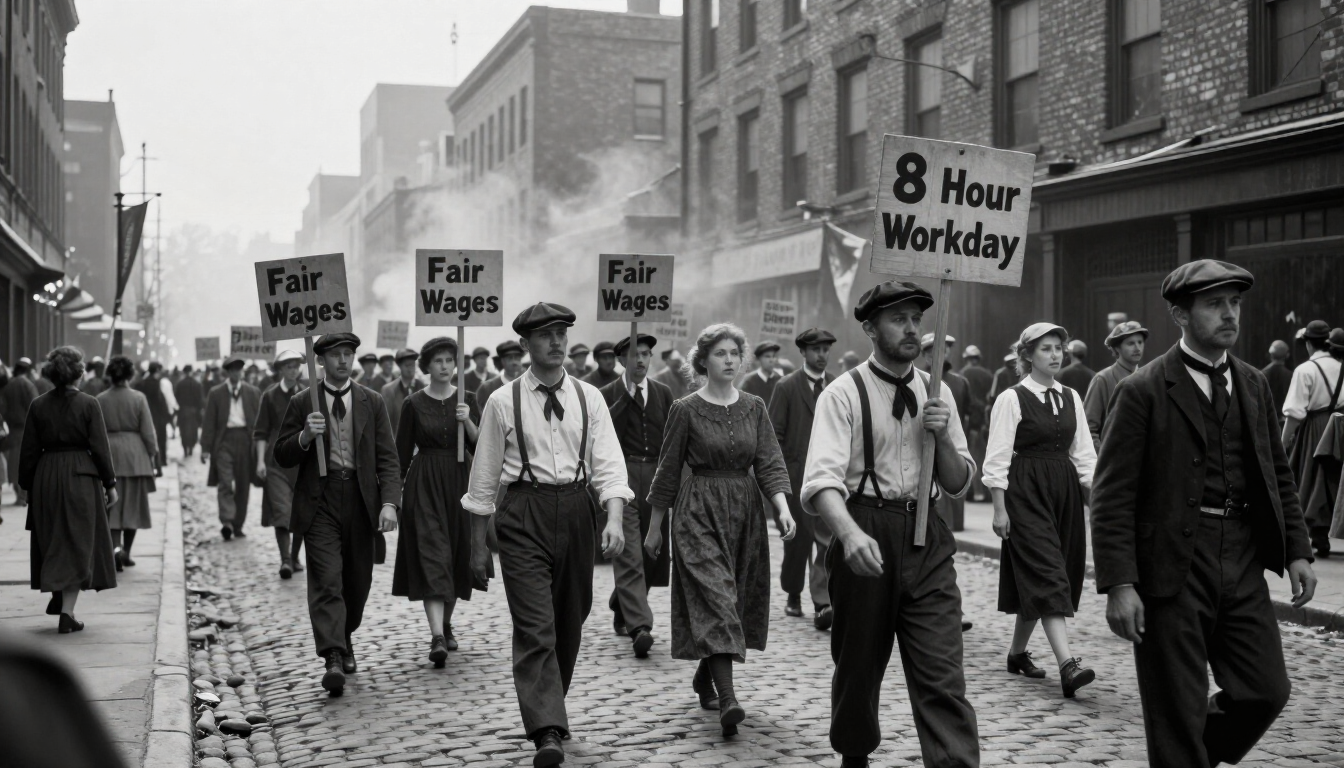 Historical labor protest illustration representing the origins of Labor Day