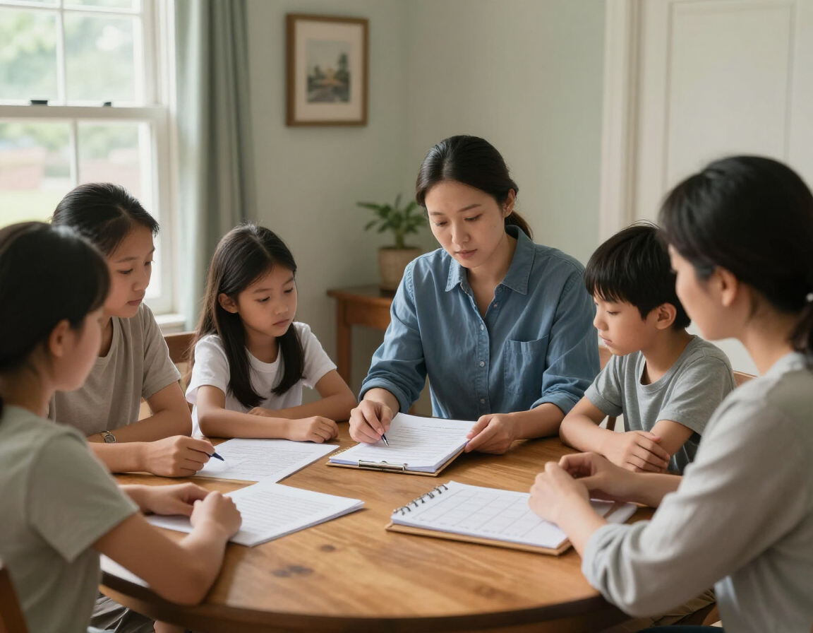 A family discussing funeral planning documents at home