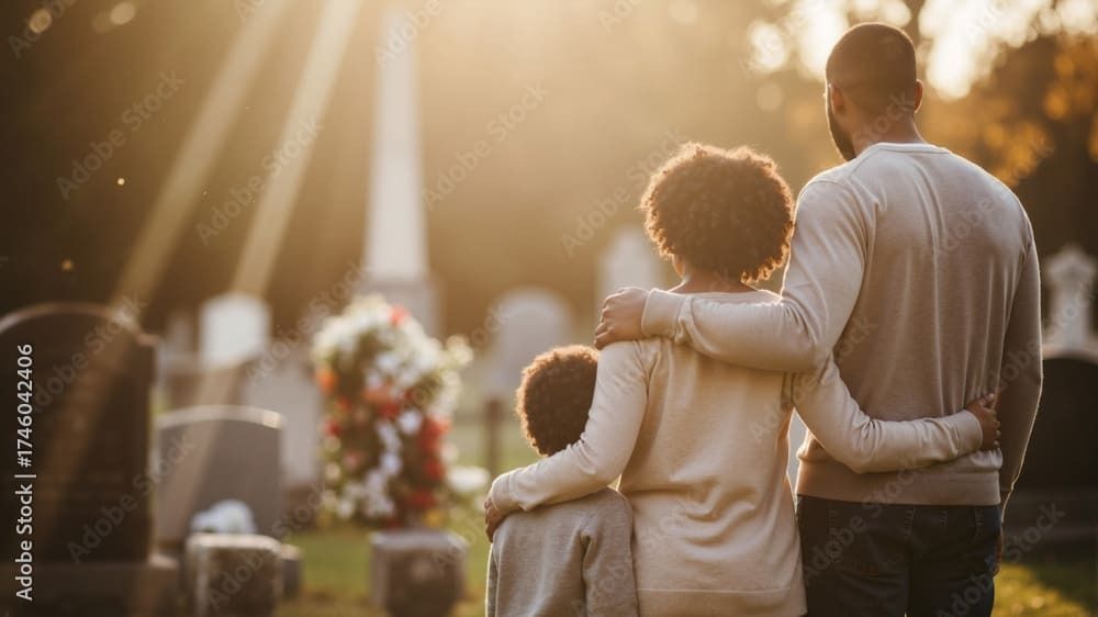 Two people stand arm in arm in a sunlit cemetery beside flowers and headstones.