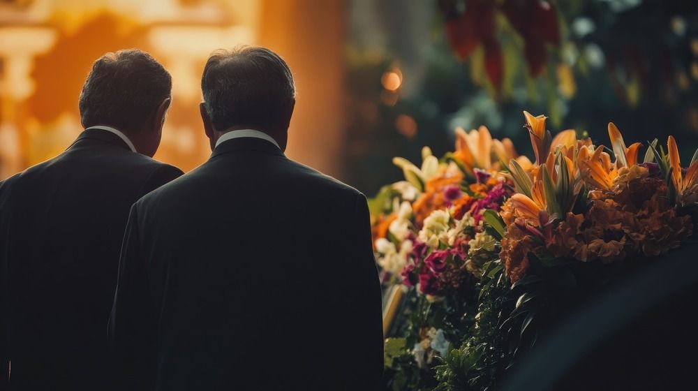 Two people in dark suits viewed from behind beside colorful flowers at a dimly lit event.