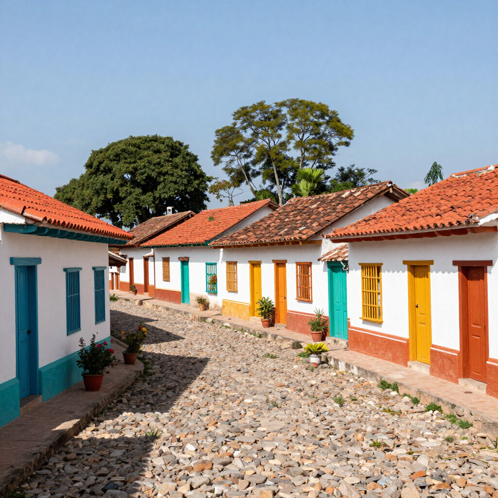 Colorful white houses with red-tiled roofs along a cobblestone street in a sunny village.