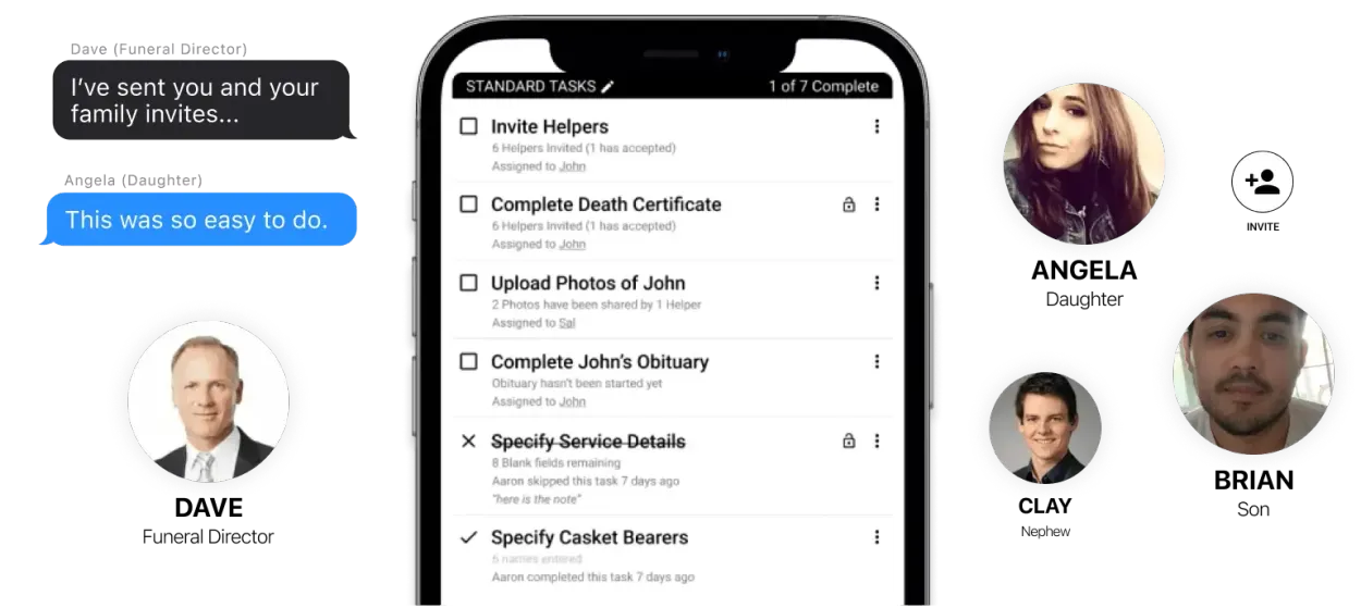 App promo graphic showing chat, phone contact list, and profile cards on a light background