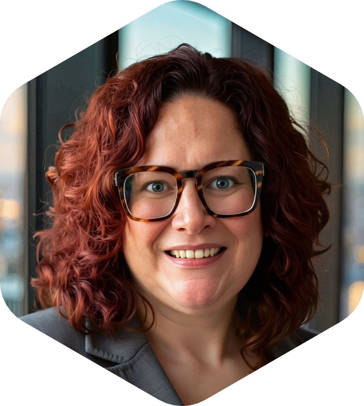 Woman with curly red hair and glasses smiling, in a business setting, wearing a grey blazer.