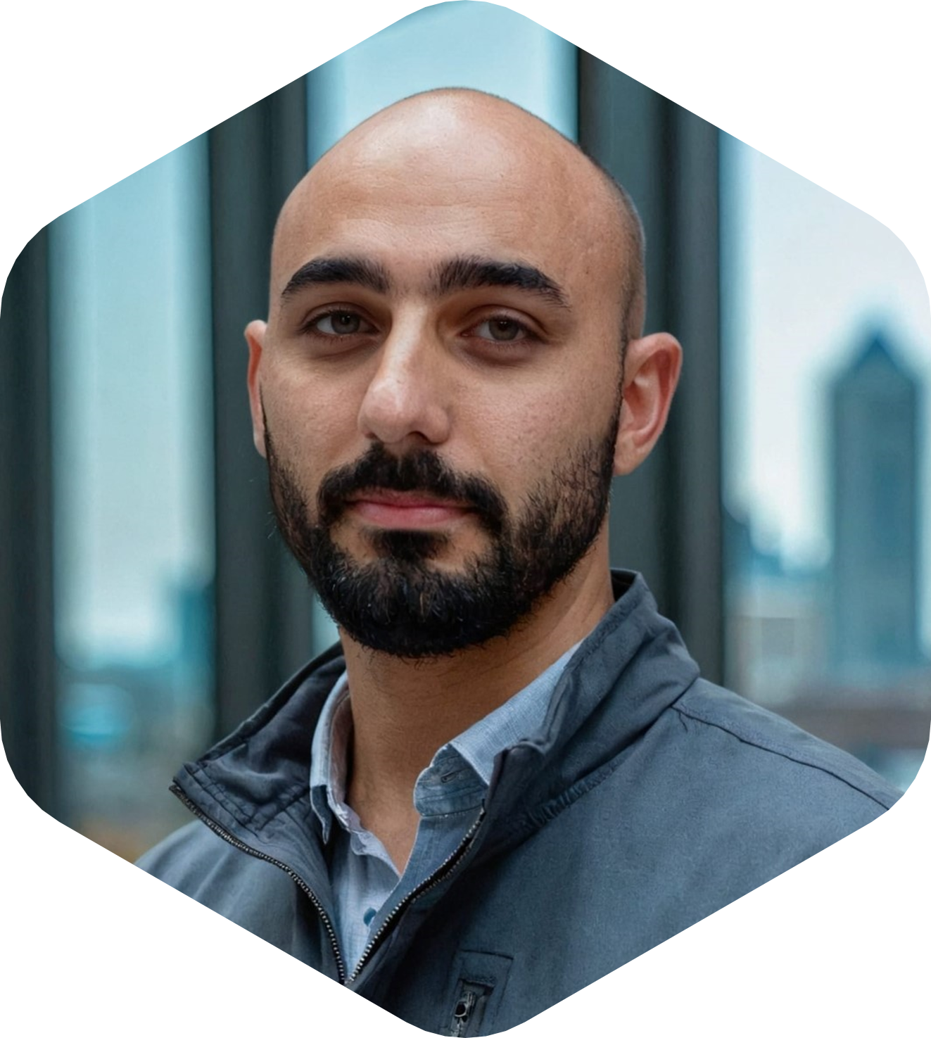 Business photo of man with beard wearing sportswear jacket.