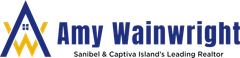 The logo for amy wainwright is blue and yellow