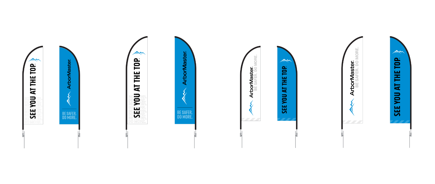 A row of blue and white ArborMaster branded flags on a white background.