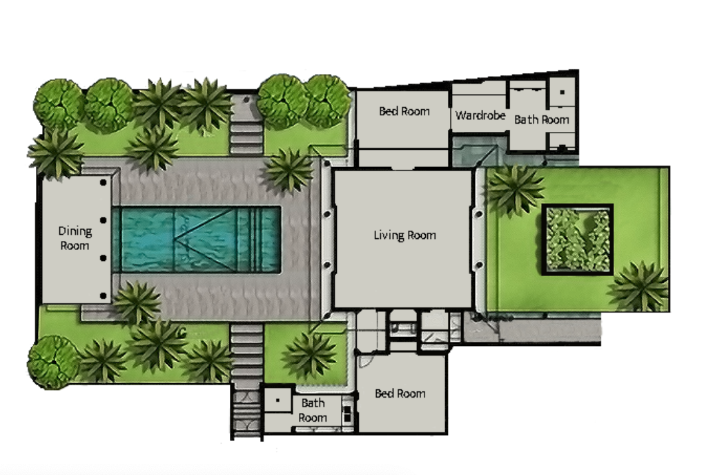 Top-down house floor plan with pool, patio, garden, living room, bedroom, bathroom, and kitchen.