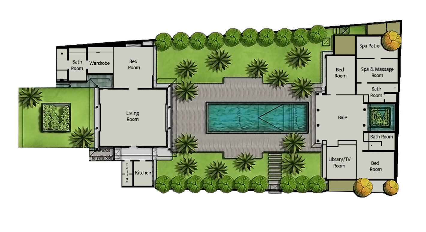 Top-down landscape plan of a modern home with pool, lawn, trees, and garden paths