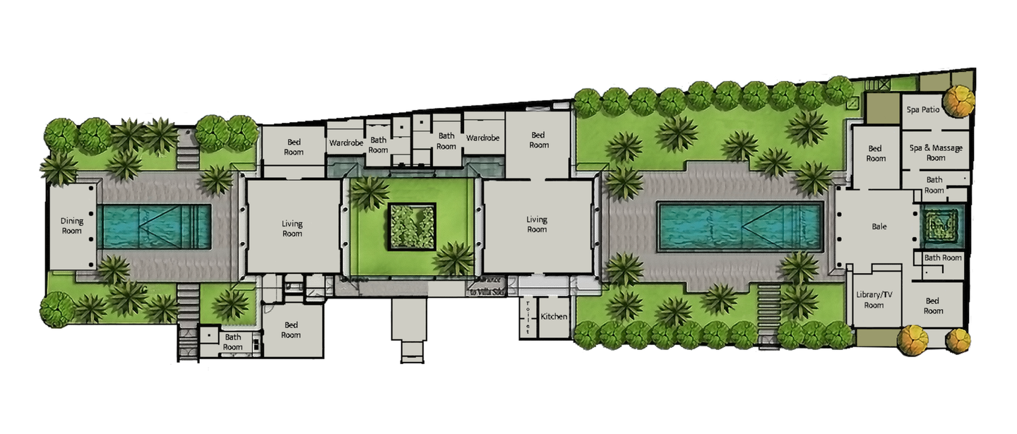 Top-down landscape plan with two blue pools, central courtyard, and surrounding greenery and pathways
