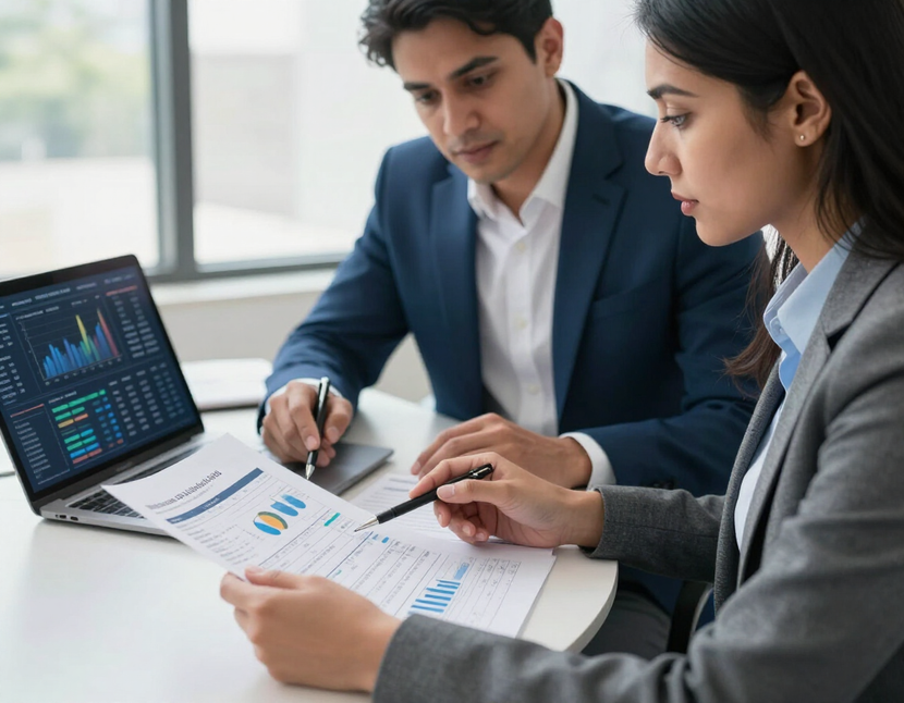 Advisor and nonprofit leader reviewing financial planning documents