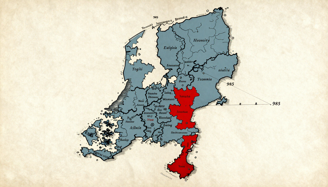 The Two Counties: narrow botting district in iron red against the larger 985 grant in slate blue
