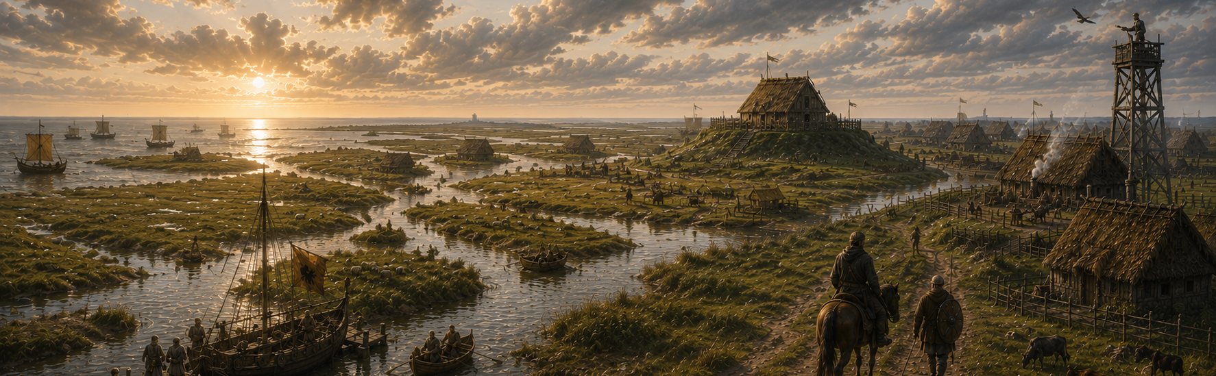 Aerial view of the medieval Frisian coastline — peat marshes, habitation, grey sea
