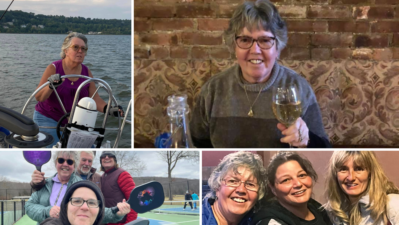 A collage of photos of a woman holding a glass of wine.
