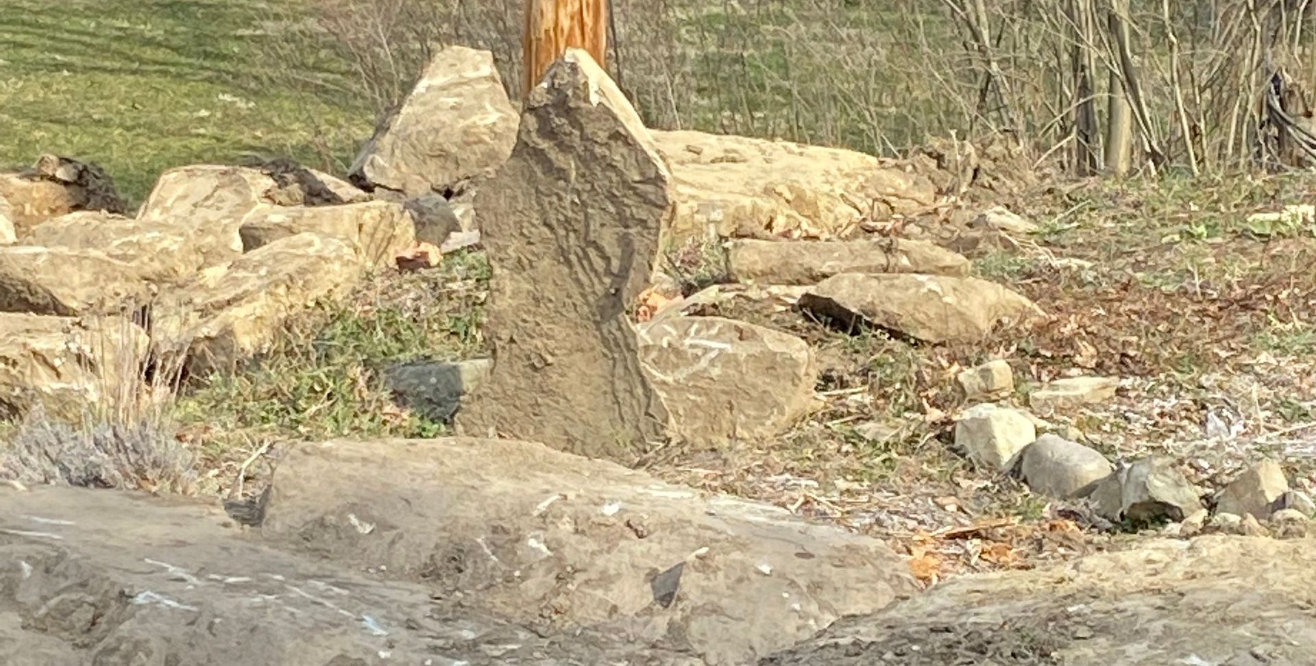 A pile of rocks sitting on top of a dirt field.