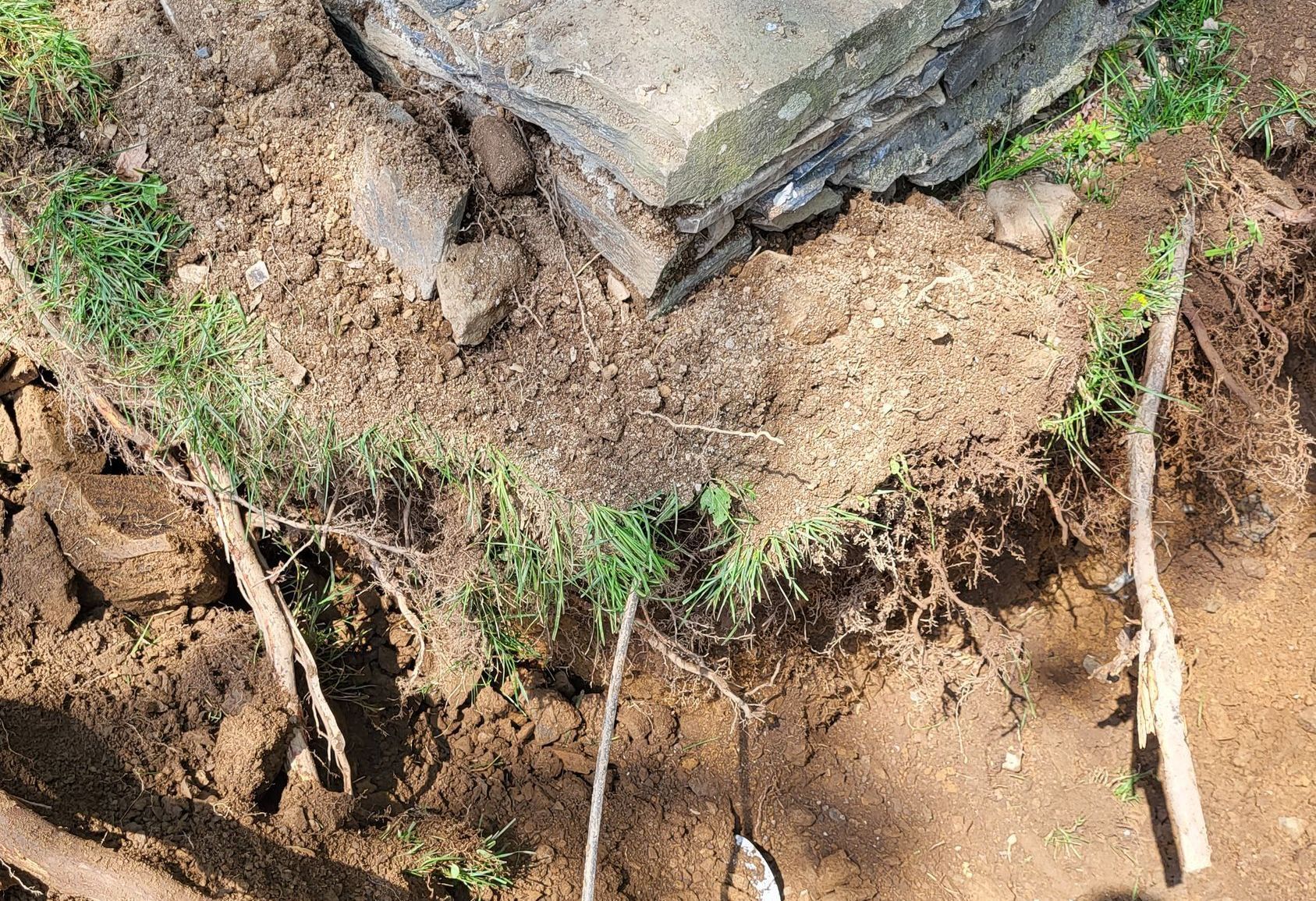 A pile of dirt and grass with a rock in the middle.