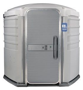 A gray portable toilet with a blue sign on the door.