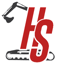 A logo for a company called hs with an excavator on a white background.
