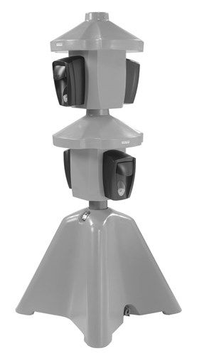 A gray tower with two hand sanitizer dispensers attached to it.