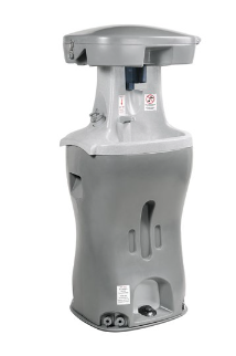 A portable hand wash sink with a lid on a white background.