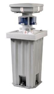 A gray trash can with a soap dispenser on top of it.