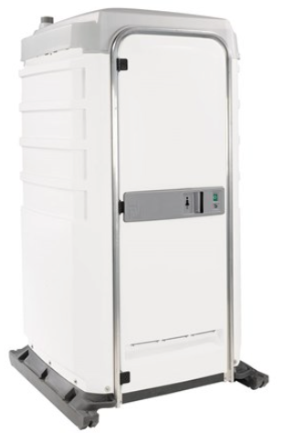 A white portable toilet with a door on a white background.