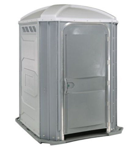 A gray portable toilet with a white roof