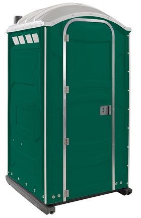 A green portable toilet with wheels on a white background.