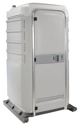 A white portable toilet with a door on a white background.