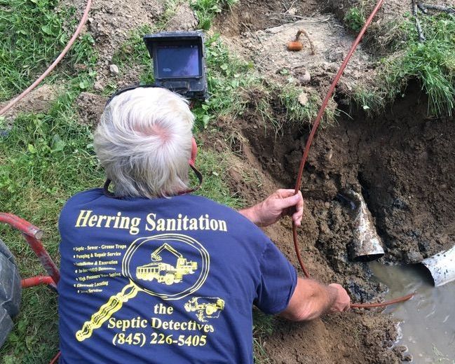 A man wearing a blue shirt that says herring sanitation