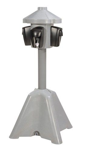 A gray pole with a tap on top of it on a white background.
