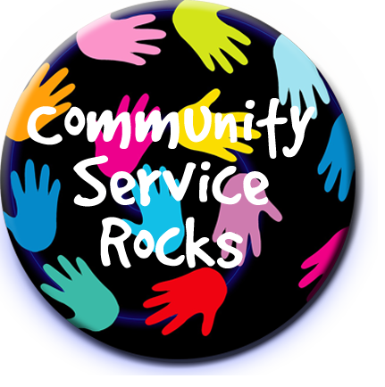 A button that says community service rocks with colorful hands around it