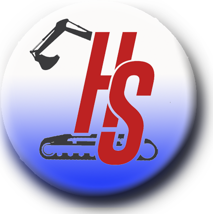 A button with a excavator and the letter s on it