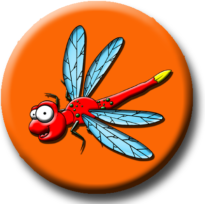 An orange button with a cartoon dragonfly on it