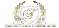 Ferguson Como Funeral Home logo with gold laurel wreaths and ornate “F” monogram