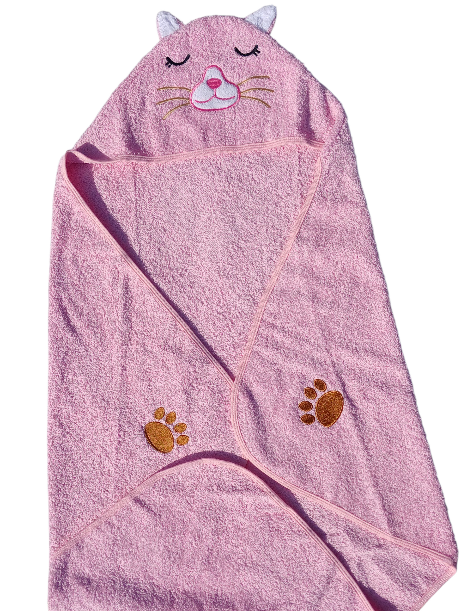 Toalla de bebé con capucha rosa y bordado de cara de gato.
