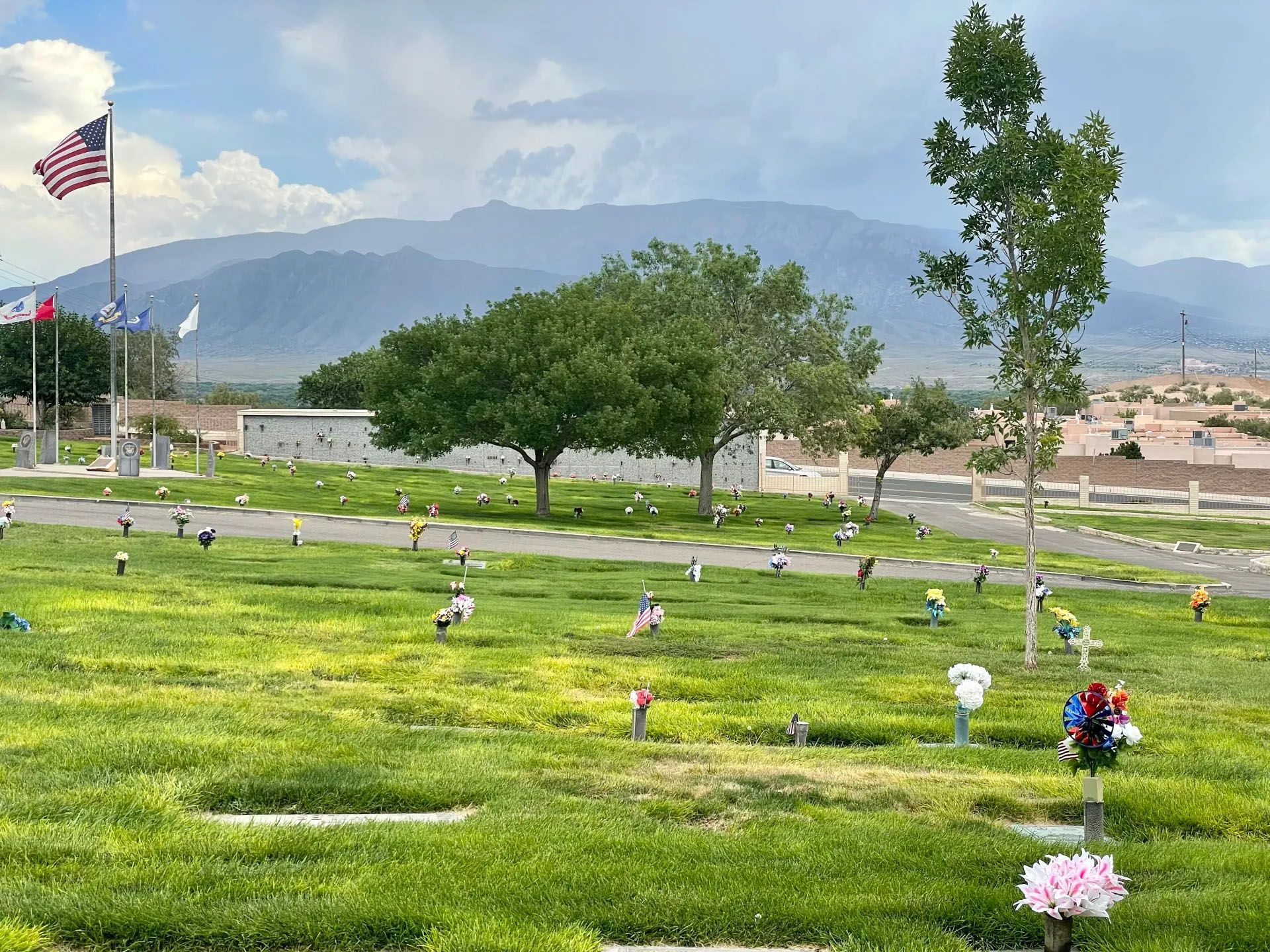 Lawn cemetery with green grass, headstones, trees, and American flag under a cloudy sky with mountain backdrop.
